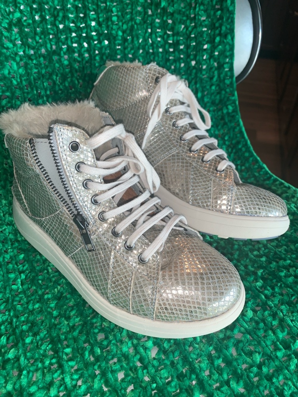 Women’s Metallic Silver High-Top Sneaker with Fur Collar